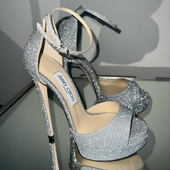 Jimmy Choo Max 150 Metallic Silver Glitter Fabric Platform Stiletto Sandals 37 - Picture 9 of 17